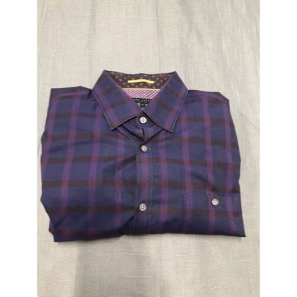 Ted Baker Mens Long Sleeve Casual Button Up Purple Plaid Cuff Pattern Size 5